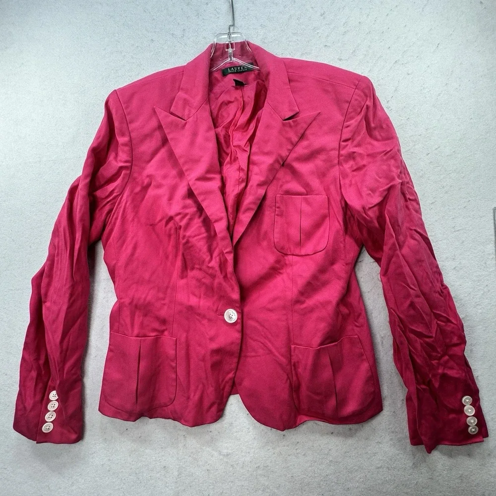 Ralph‎ Lauren Blazer Jacket Womens Fitted 12/14 100% Silk Designer Hot Pink Glam
